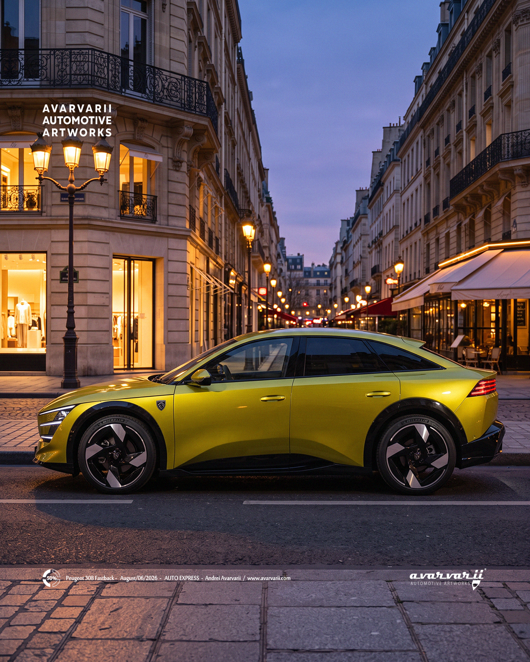 Skoda Peaq Next Gen electric SUV in vibrant lime green, showcased in a dynamic side profile shot by Avarvarii Automotive Artworks.