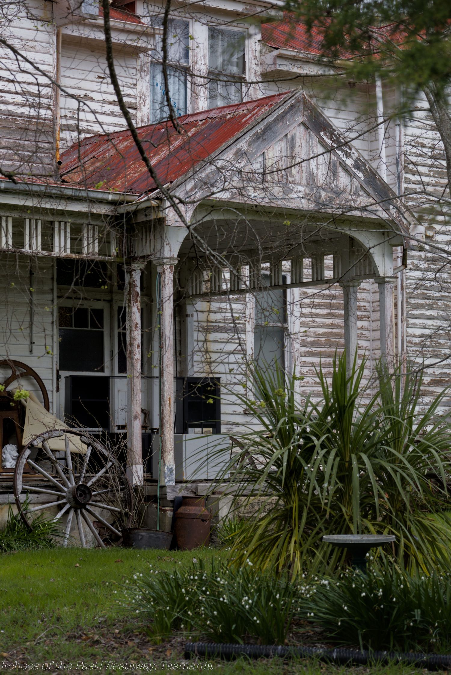 Weathered abandoned wooden farmhouse with rusty red roof, covered veranda, old wagon wheel and overgrown garden plants in the foreground.