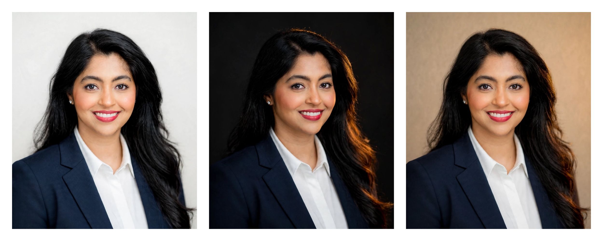 Professional headshot triptych of a young woman in a navy blazer against white, black, and tan backgrounds.