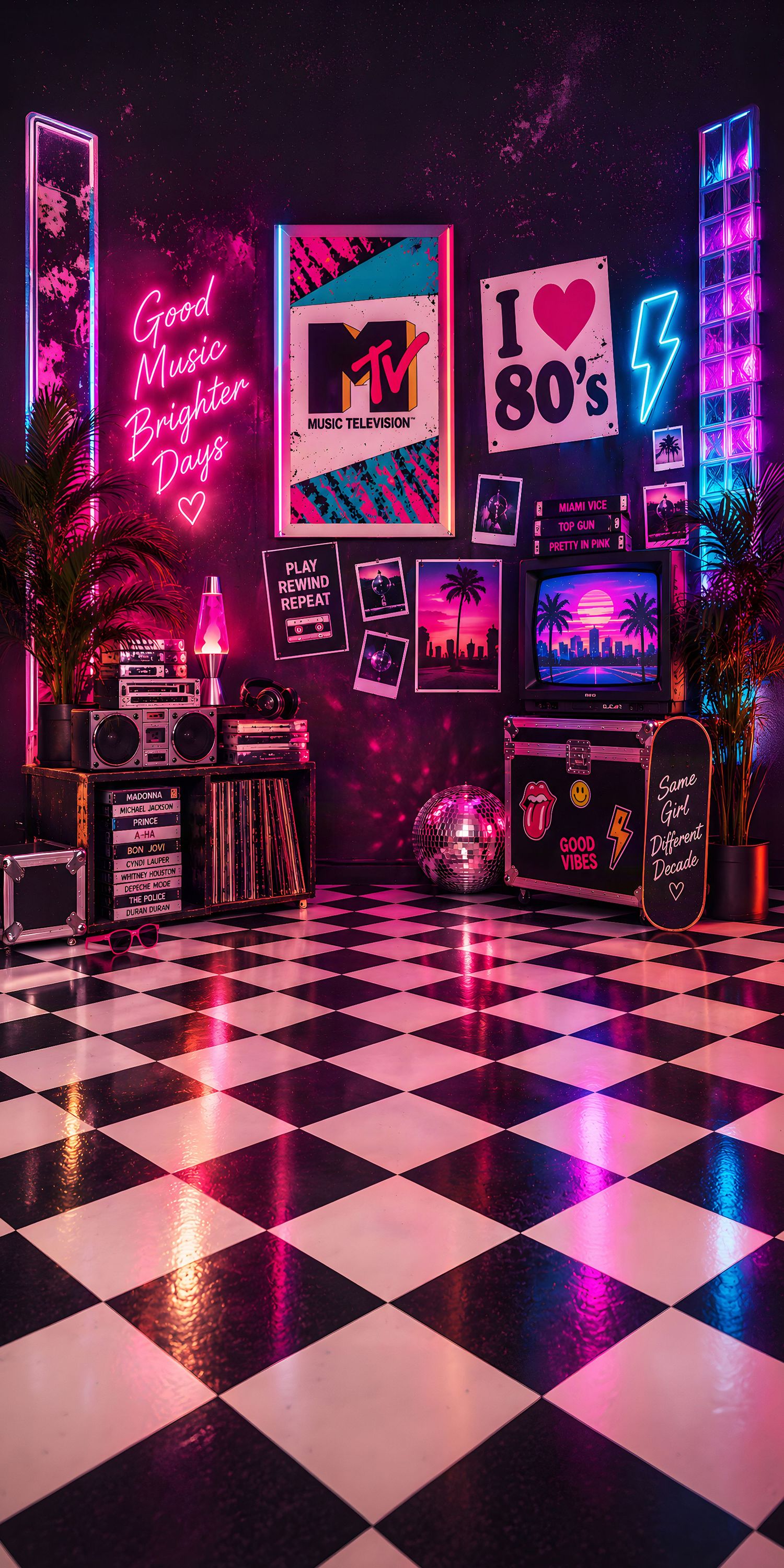 Retro 80s neon-lit room with checkered floor, MTV poster, boombox, disco ball, and vibrant pink neon signs.
