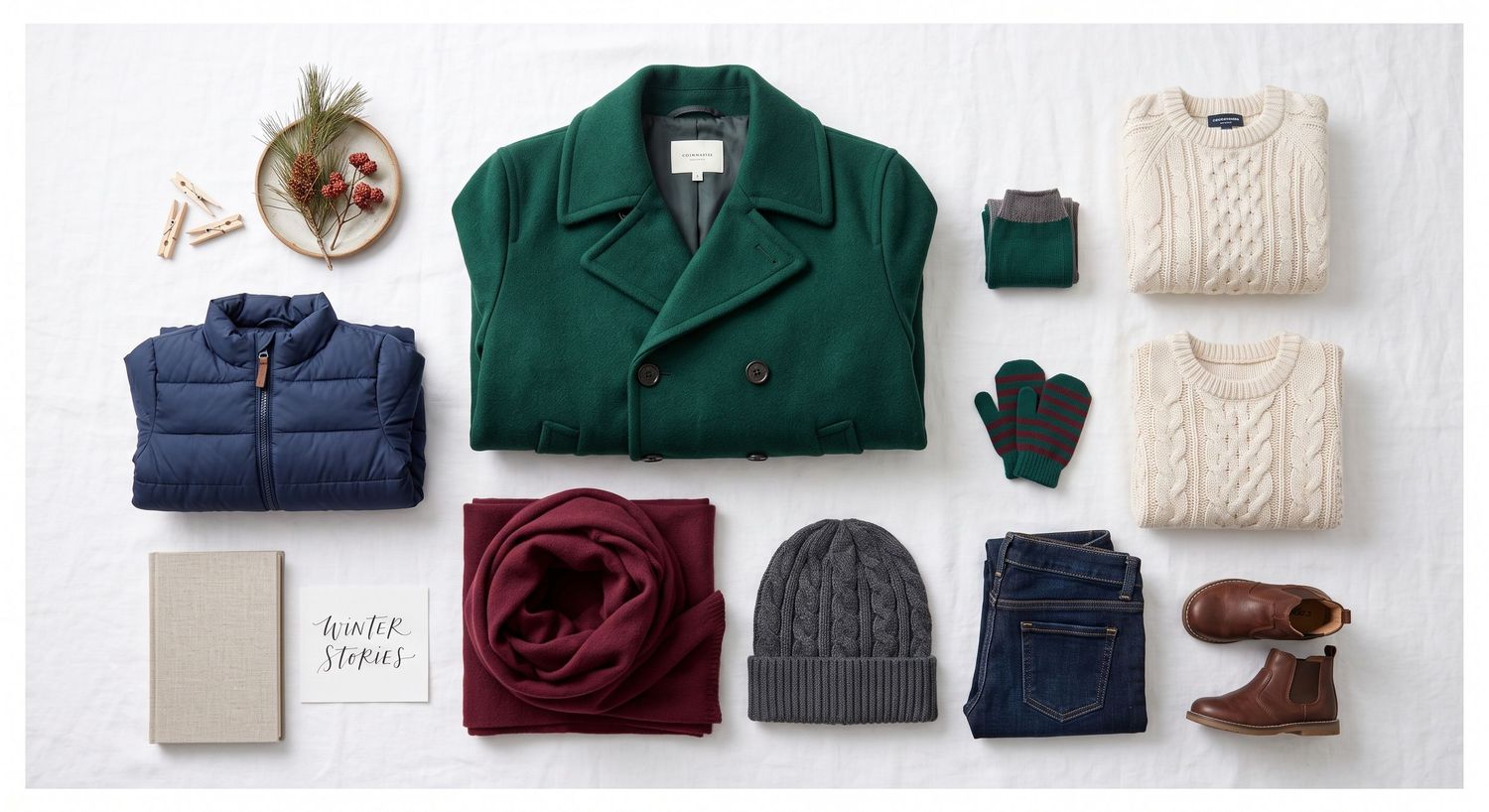 Flatlay of winter clothing including green coat, navy vest, cable knit sweater, jeans, boots, mittens, scarf, and beanie hat.