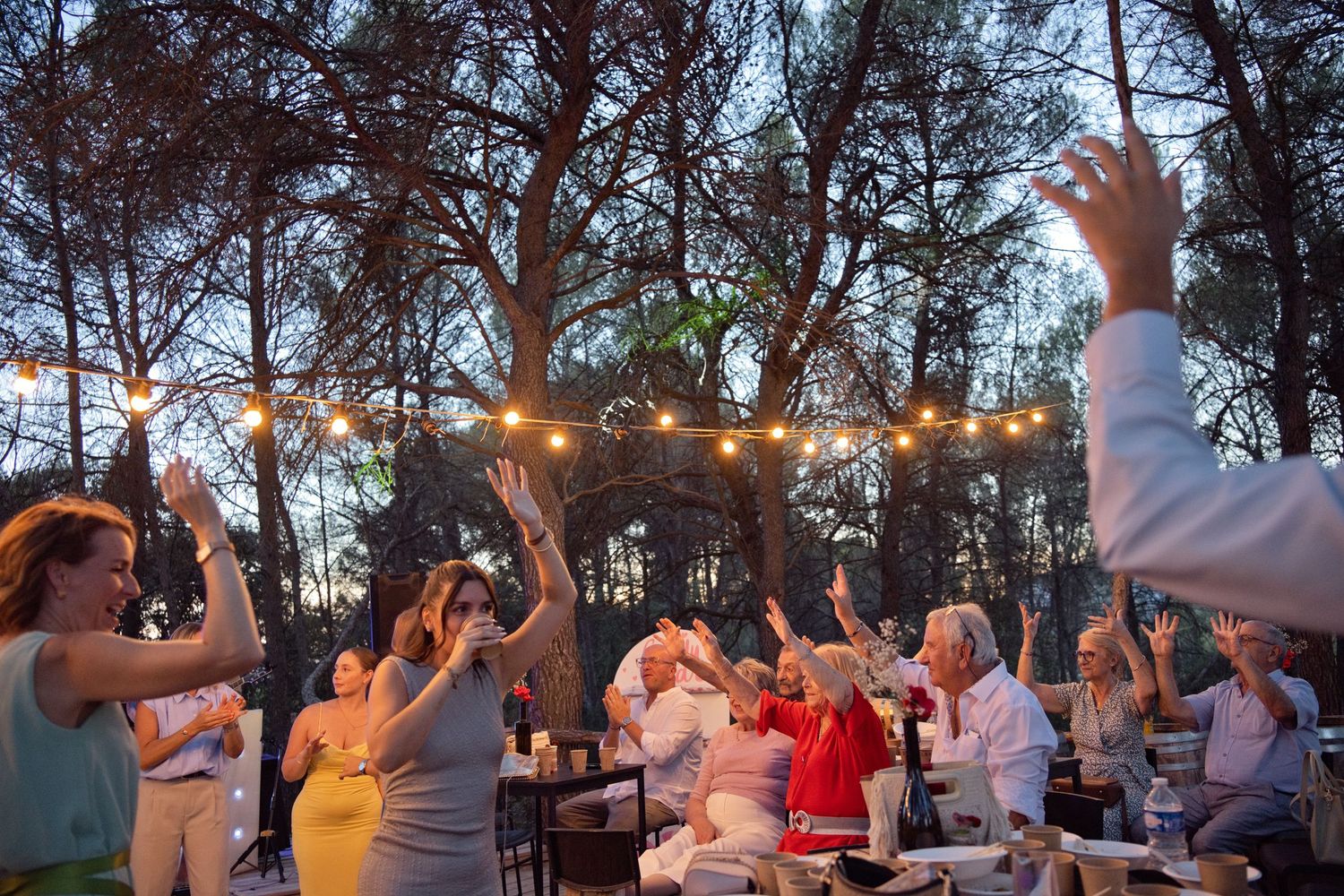 Les invités font la fête sous les guirlandes lumineuses entre les pins, au Domaine Vitòri à Pourrières.