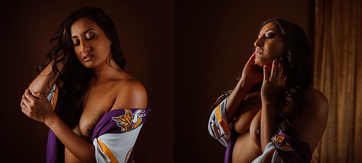 woman in football jersey nude in studio with Boudoir by KJ