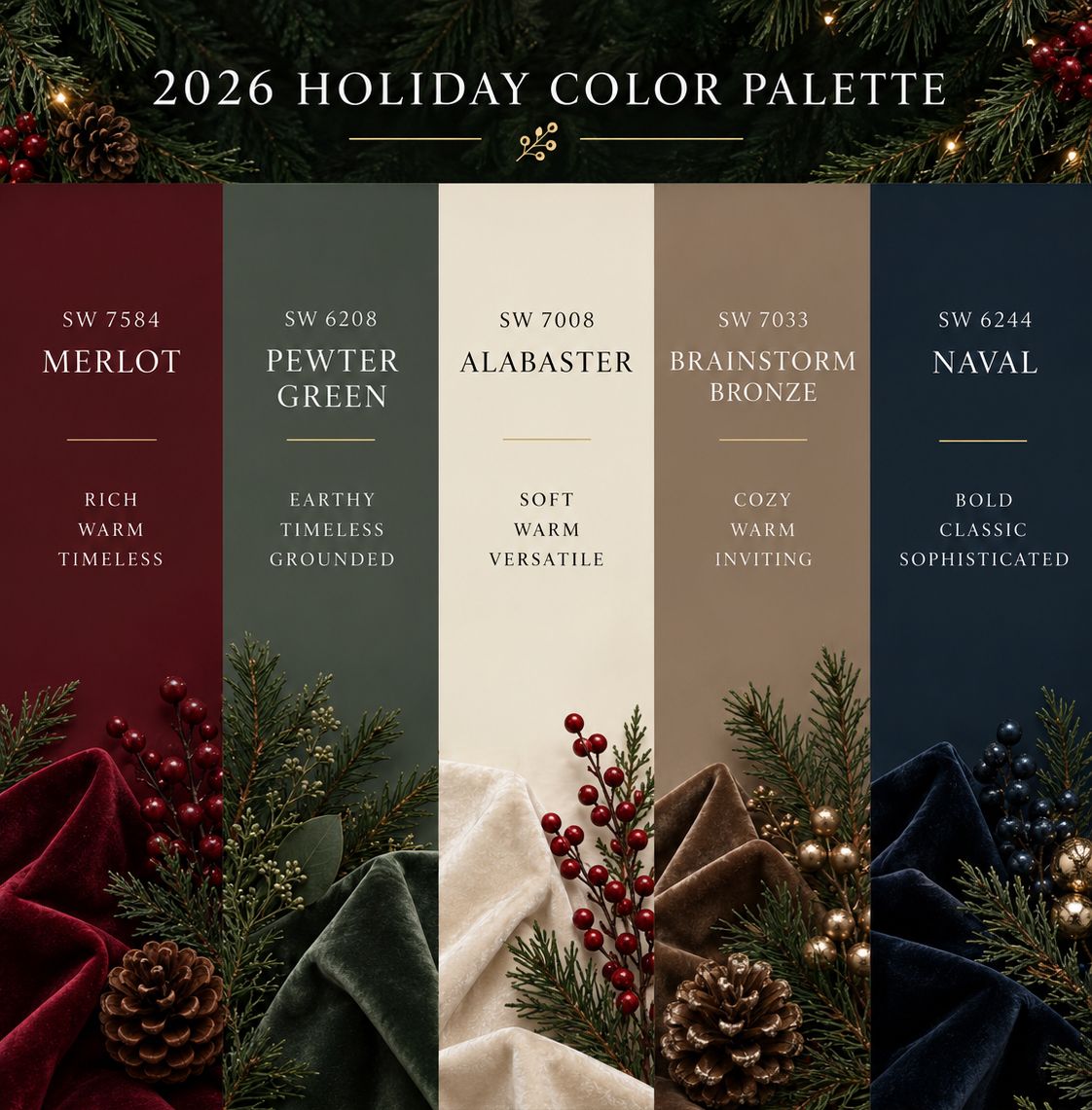 2026 Holiday Color Palette featuring Sherwin-Williams shades: Merlot, Pewter Green, Alabaster, Brainstorm Bronze, and Naval.