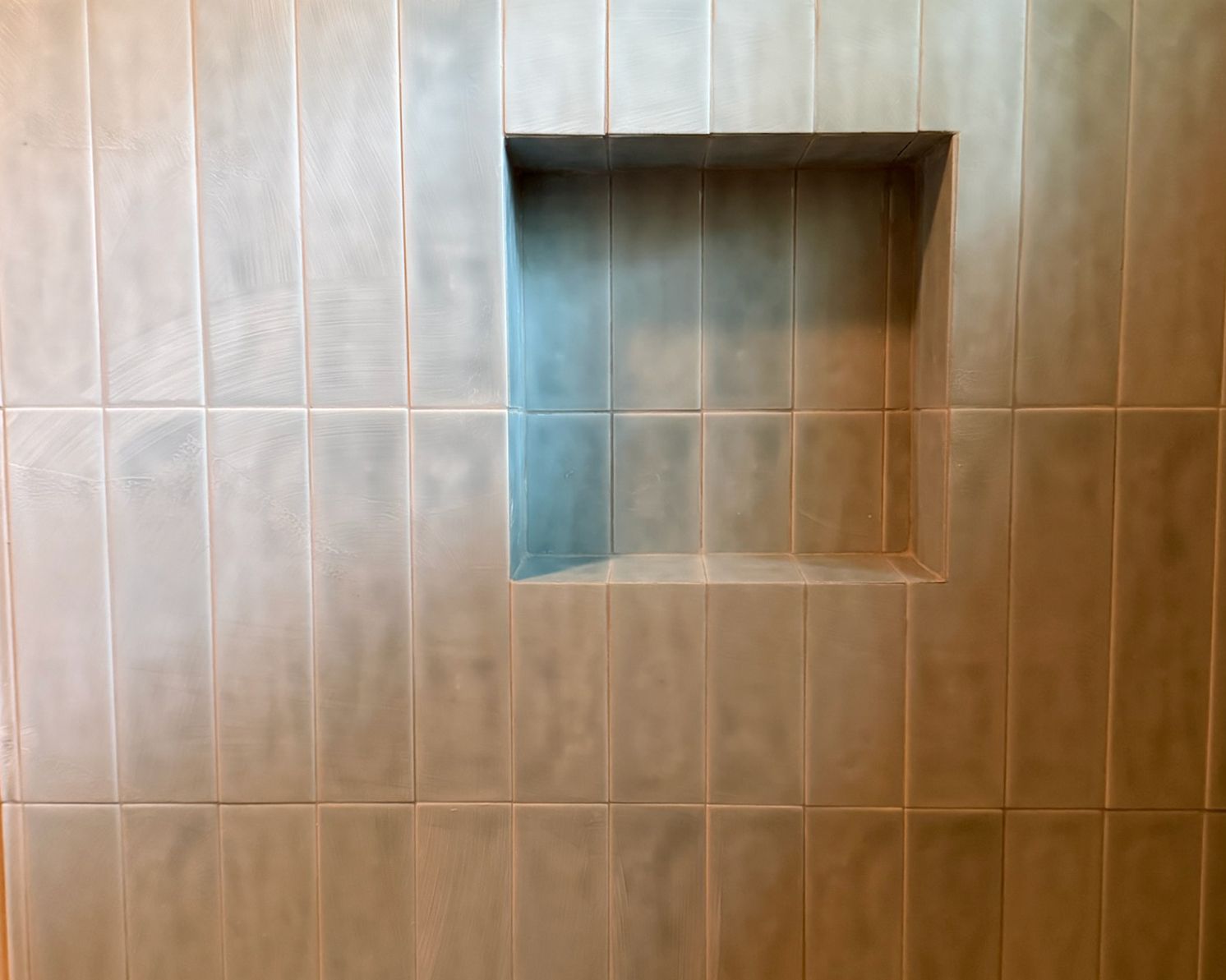 Recessed niche shelf built into brown ceramic tiled shower wall for storage.