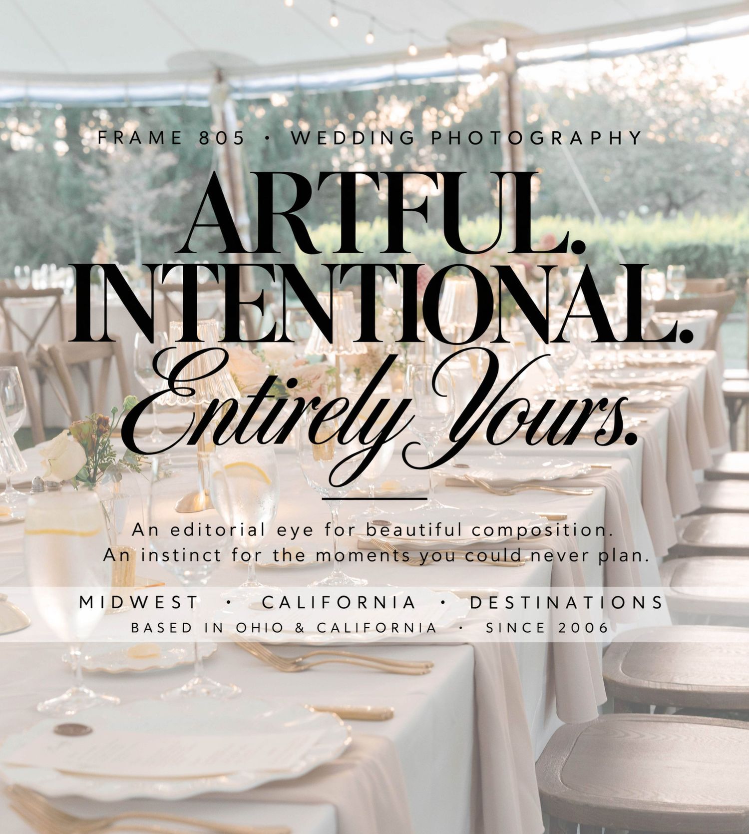 Elegant wedding photography ad featuring brides with umbrellas, promoting artful and intentional Midwest and California photography.
