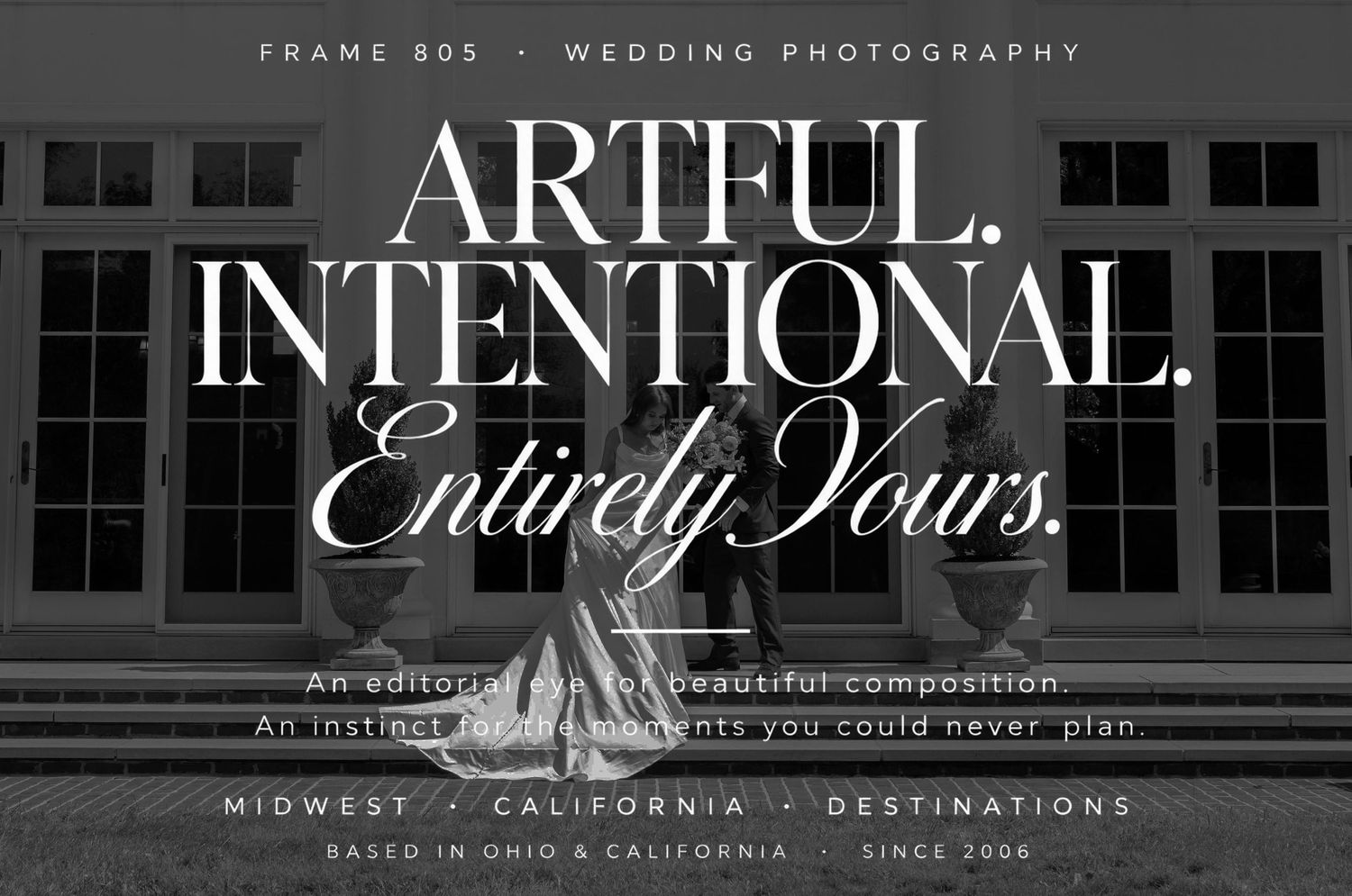 Elegant wedding photography ad featuring brides with umbrellas, promoting artful and intentional Midwest and California photography.