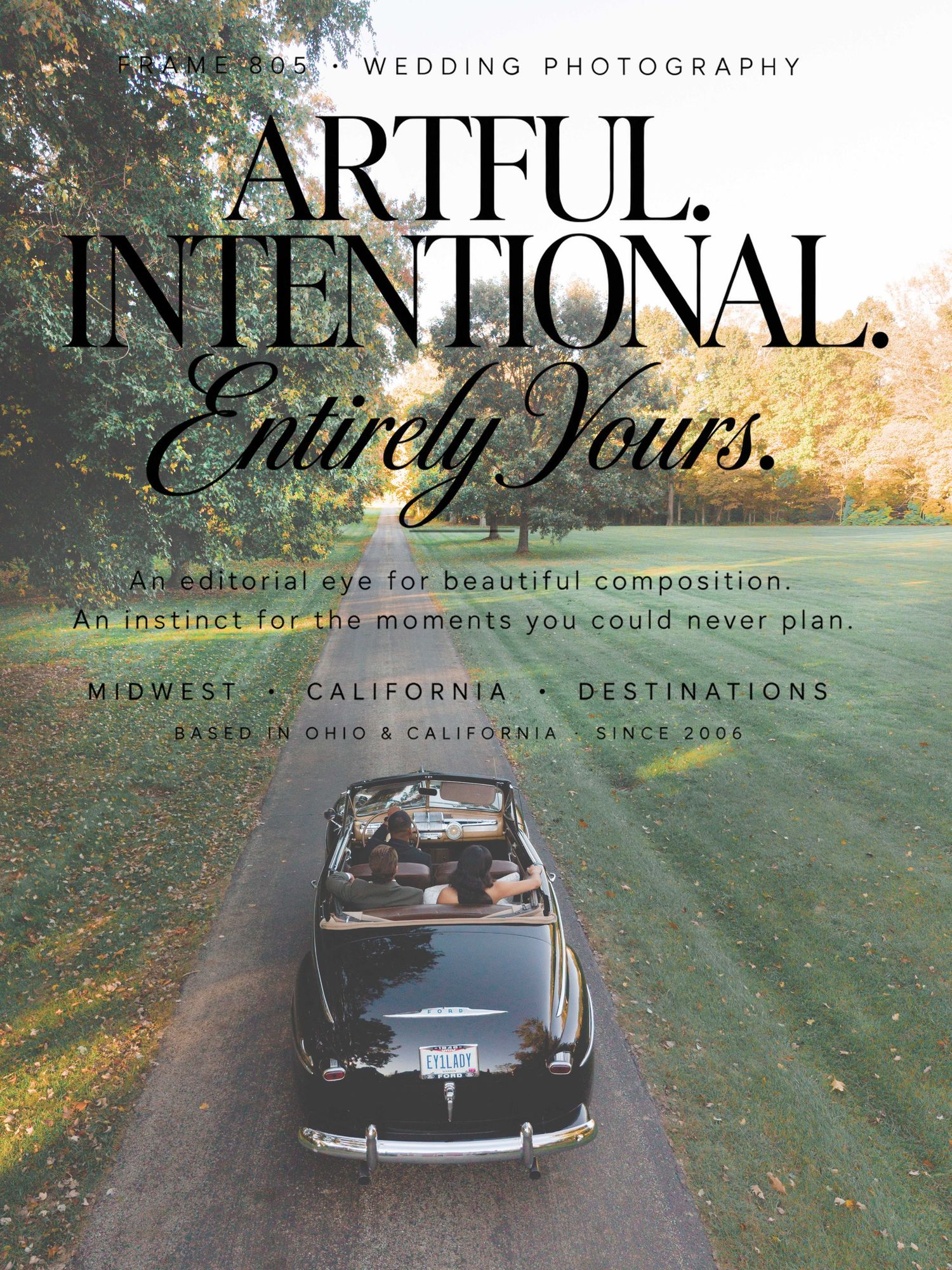 Elegant wedding photography ad featuring brides with umbrellas, promoting artful and intentional Midwest and California photography.