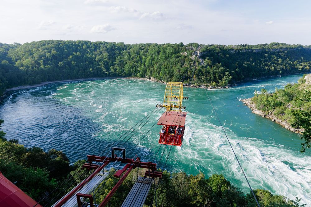 Aerial cable car over Niagara River rapids with lush green forest and turquoise waters below on a sunny day.