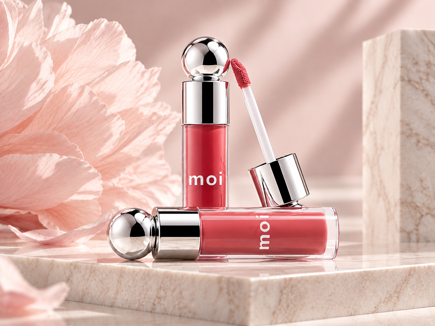 Two Moi brand lip gloss tubes in rosy pink shades displayed on marble surface with soft pink peony flowers in background.