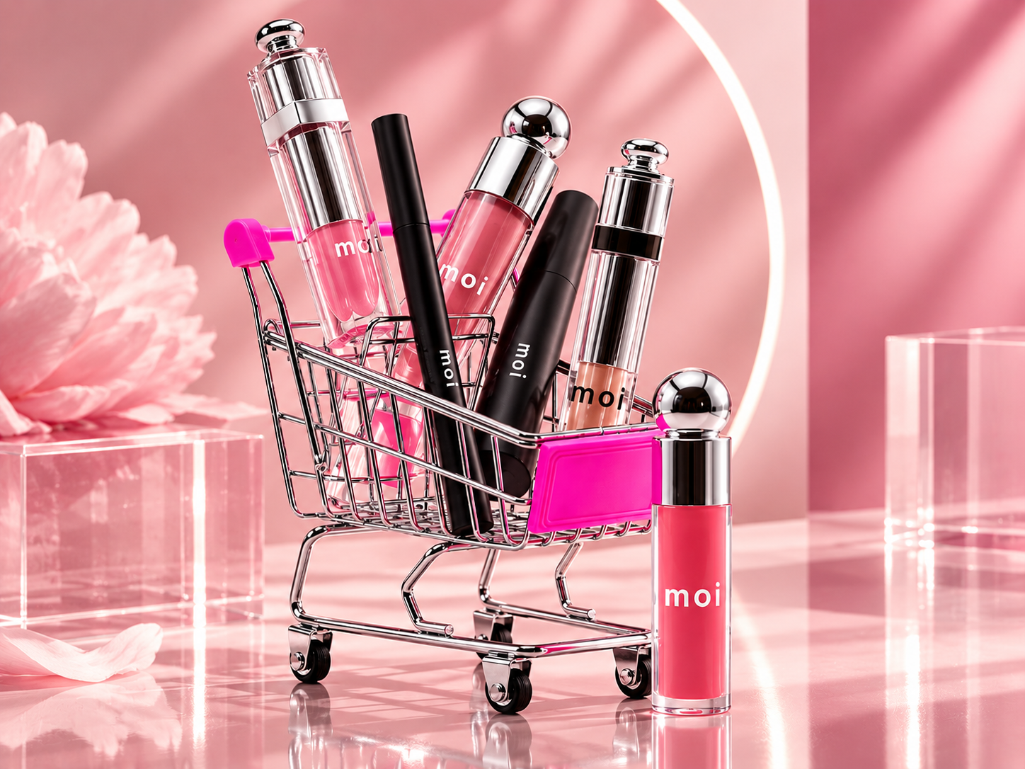 Mini shopping cart filled with pink MOI lip glosses and beauty products on a reflective pink surface.