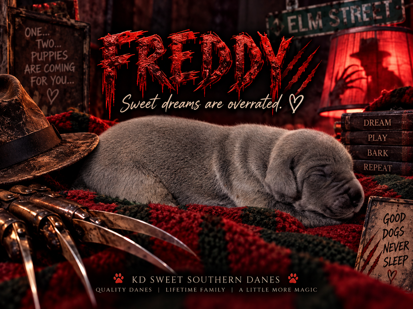 Sleeping gray Great Dane puppy in a Freddy Krueger themed newborn photo with horror props and red lighting.