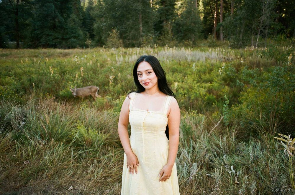 Woman in yellow sundress standing in a lush green meadow with deer and tall pine trees in background.