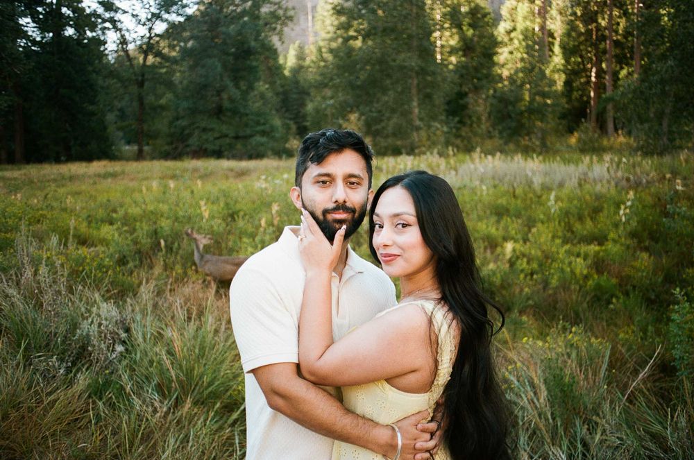 Couple embracing in a sunlit forest meadow, woman in yellow dress touching man's beard, tall trees in background.