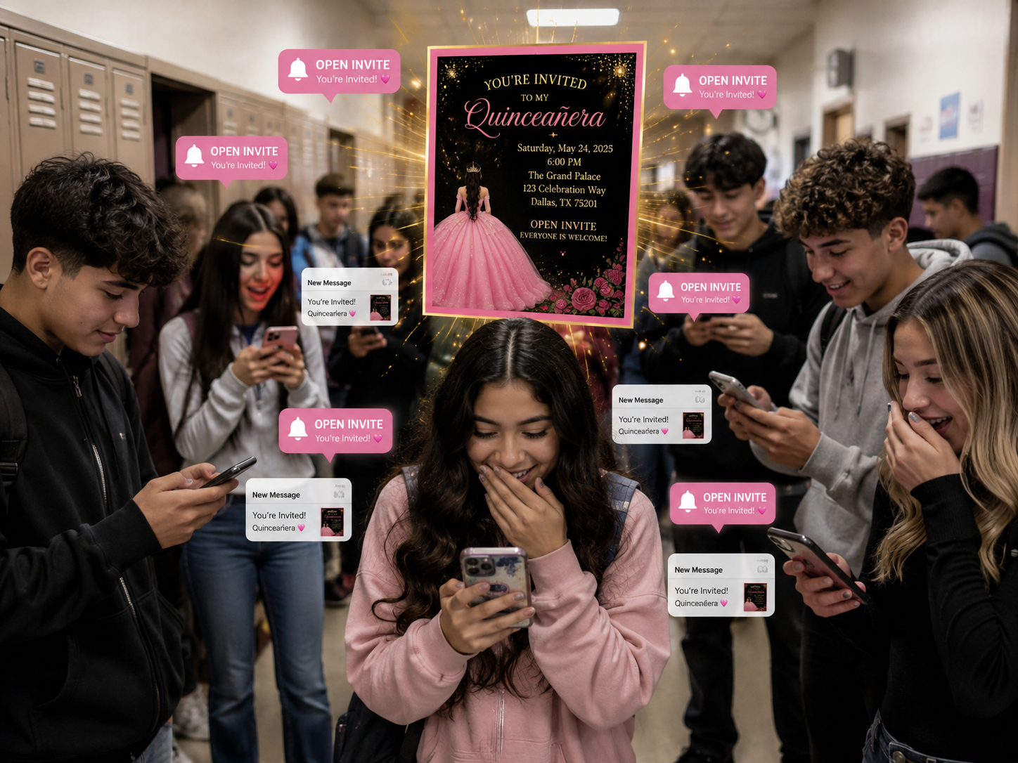 Public Quince invitation spreading across social media showing open invite Quinceañera planning, guest list, RSVP and venue planning