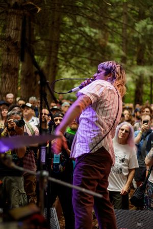 Singer performing on outdoor forest stage with microphone, crowd of fans watching and photographing the live concert.