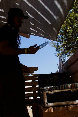 Silhouette of a DJ browsing vinyl records at an outdoor music festival under a shaded canopy.