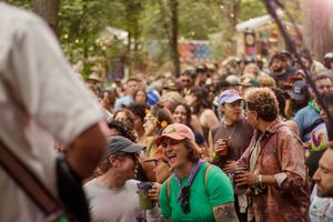 Crowd of festival-goers laughing and celebrating outdoors among trees at a colorful music festival.