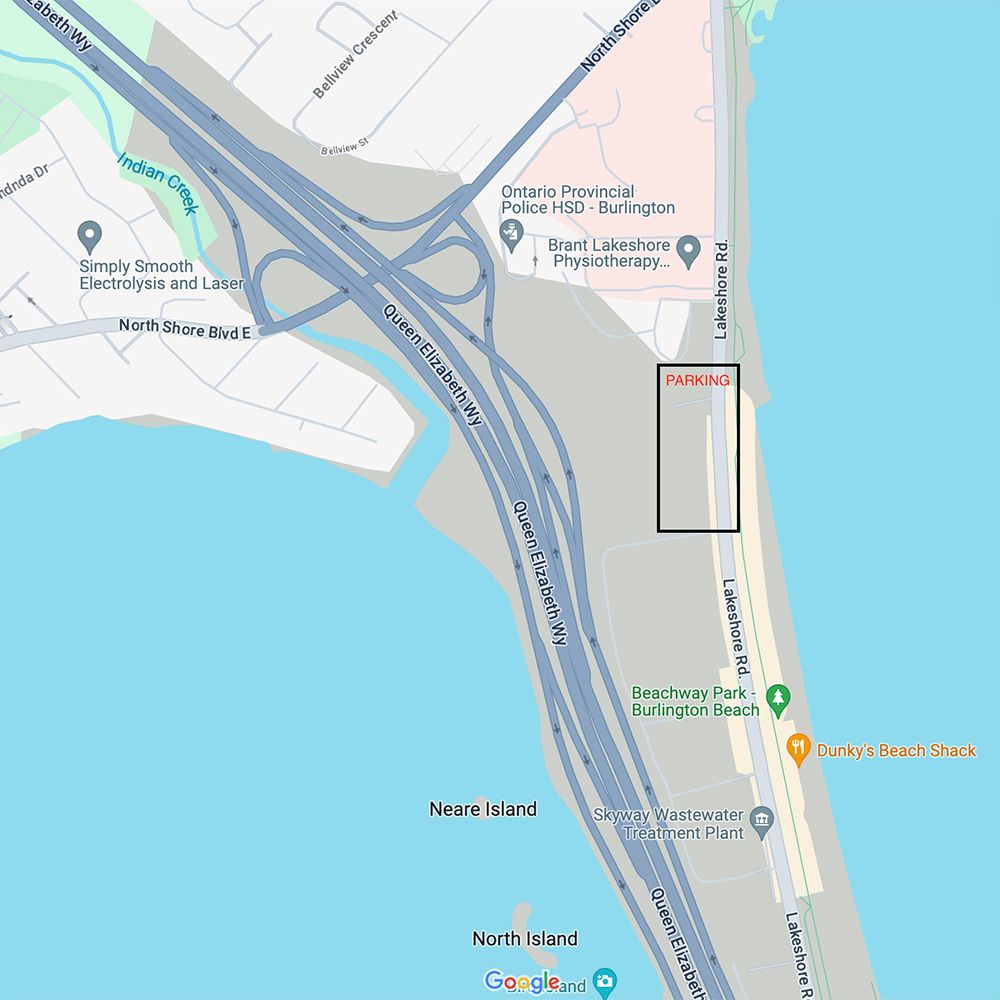 Aerial map view of a coastal area showing roads and waterways near North Island.