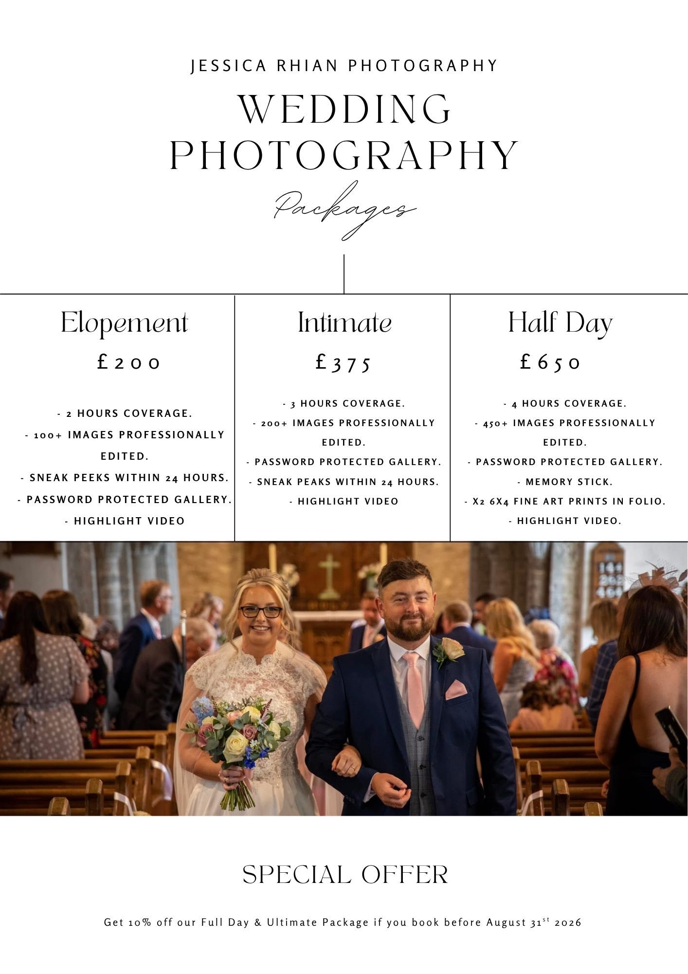 Wedding photography packages flyer by Jessica Rhian Photography showing pricing for Elopement, Intimate, and Half Day packages.