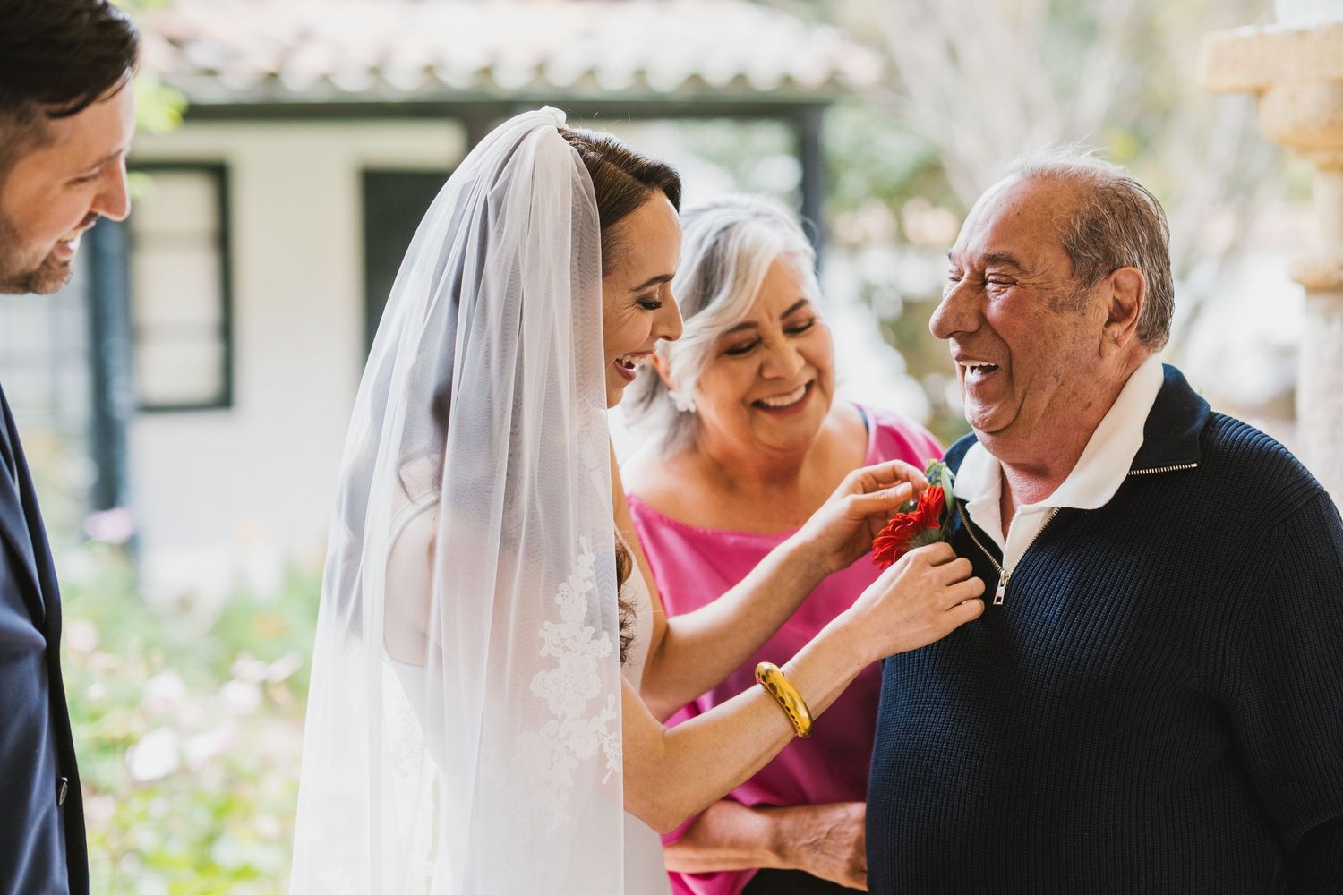 A collage of wedding photos showing emotional moments between loved ones during a celebration.