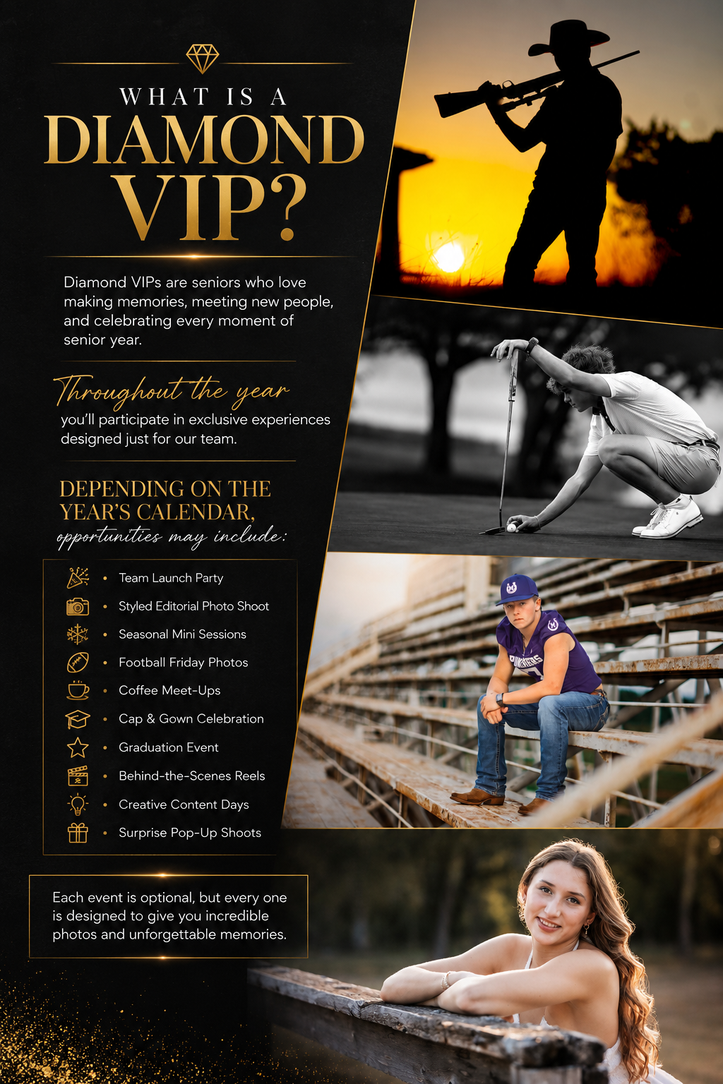 A promotional flyer for Diamond VIP senior photography program featuring teens posing at sunset, golfing, and in casual portraits.