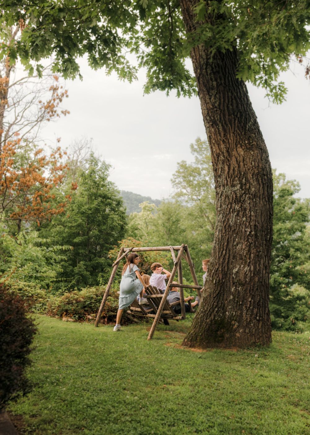 Couple sitting on a rustic wooden swing set surrounded by lush green trees and rolling hills in a scenic outdoor setting.