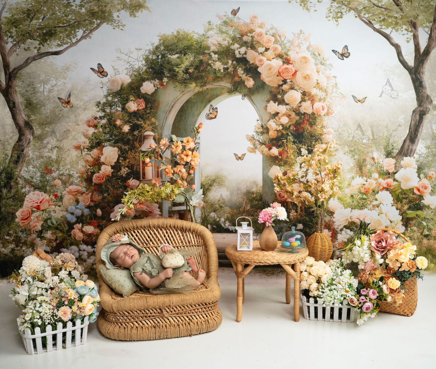 Newborn baby sleeping in wicker chair surrounded by floral arch, butterflies, and garden blooms. At The Affinity Studio in St. Augustine.