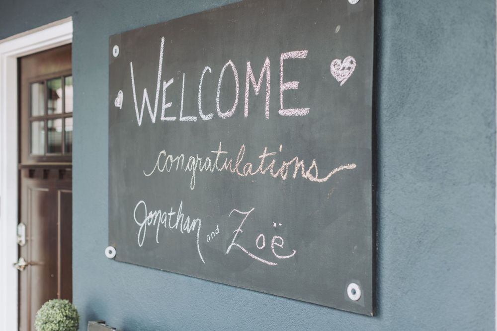 Chalkboard sign reading Welcome Congratulations Jonathan and Zoe mounted on a teal wall at a wedding venue.