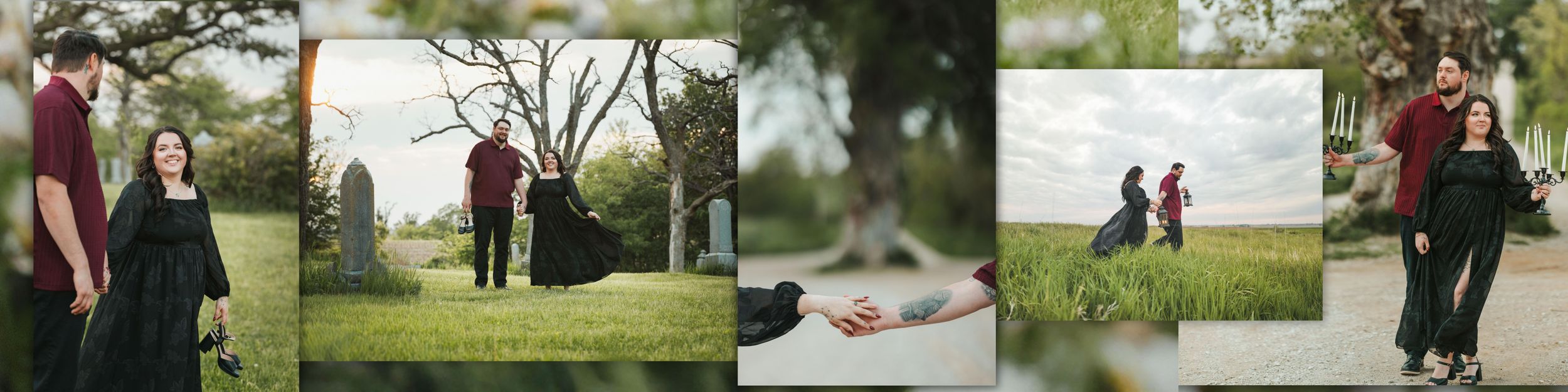 Couple poses outdoors in a lush green park, man in dark outfit and woman in black dress, during an engagement photo session.