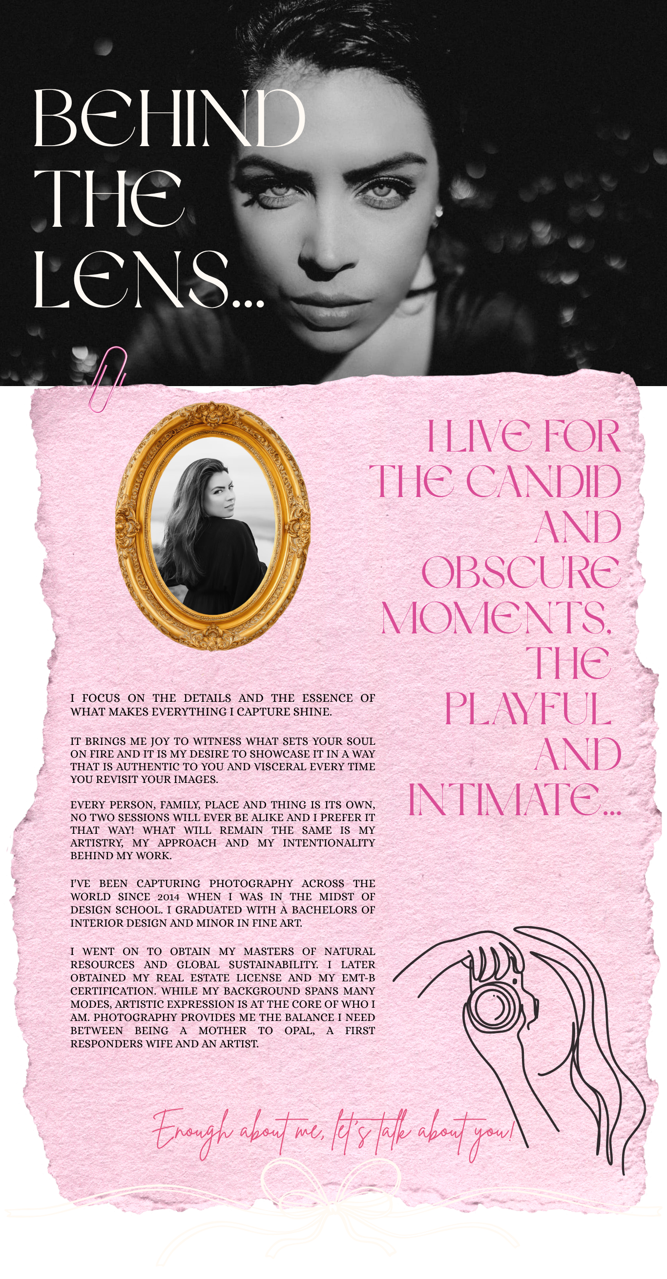Behind the Lens pink photography portfolio page with torn paper texture and elegant serif typography.