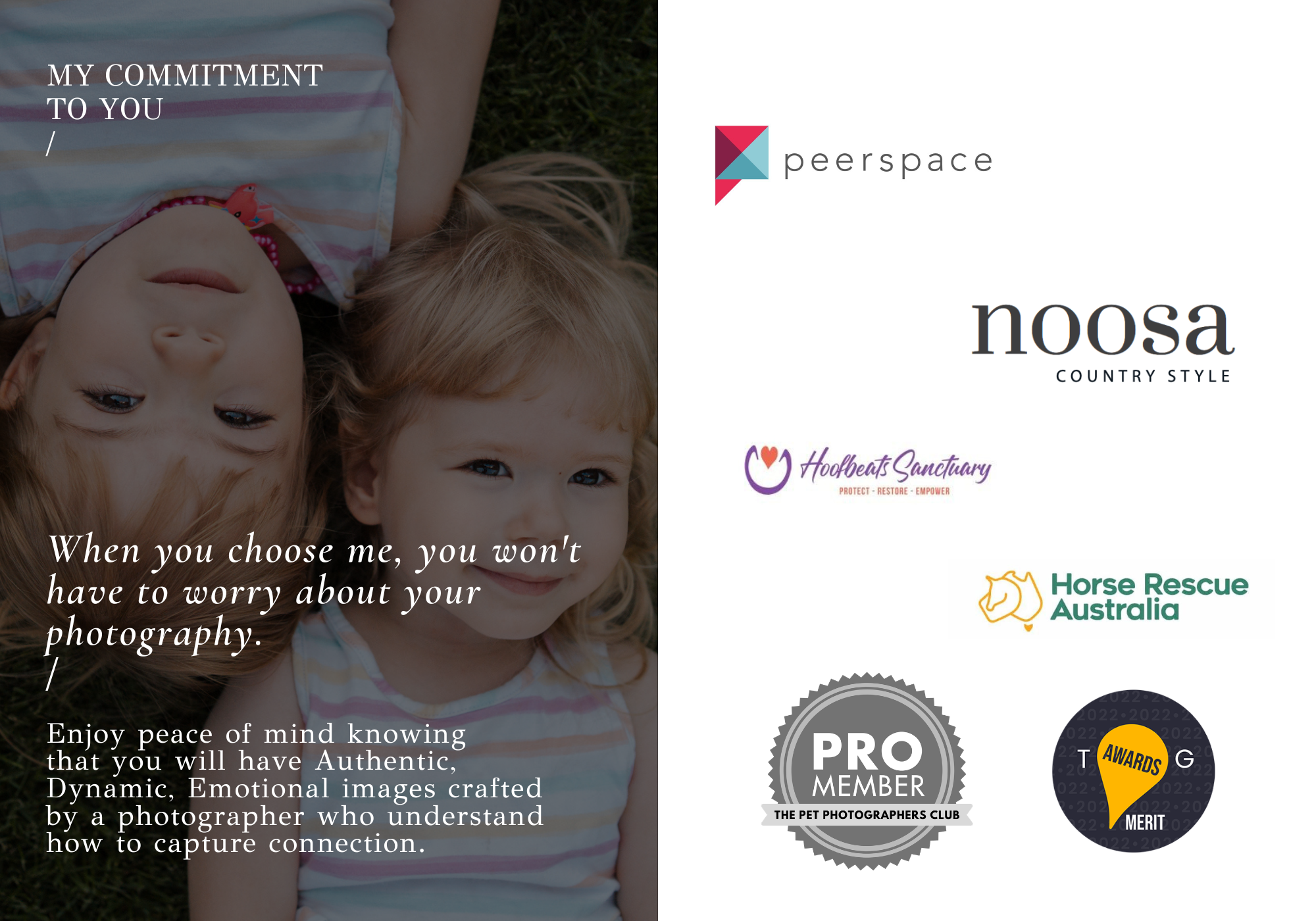 Photography business page showing brand partnerships and company logos on dark background.