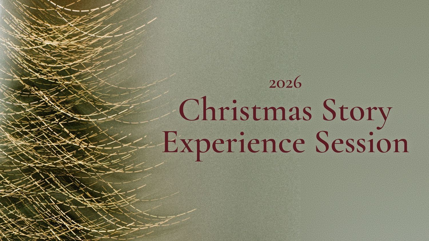 2026 Christmas Mini Session promotional image with elegant gold tinsel tree on sage green background.