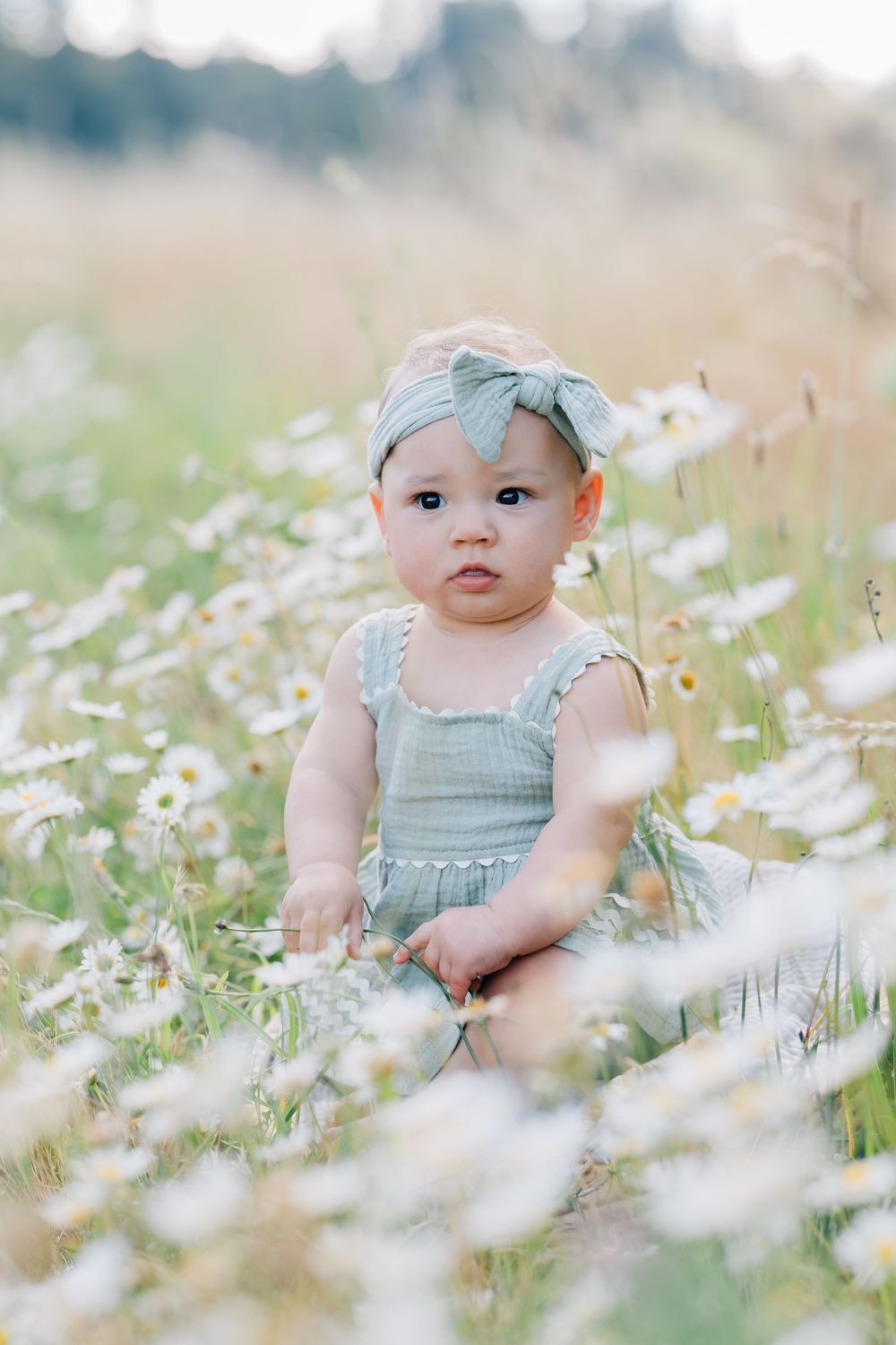 Adorable baby girl in sage romper with bow headband sitting among white wildflowers in a meadow.