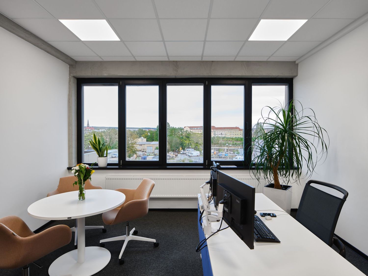 Bright modern office with a desk and monitor, round meeting table with chairs, potted plants, and large windows overlooking a city view.
