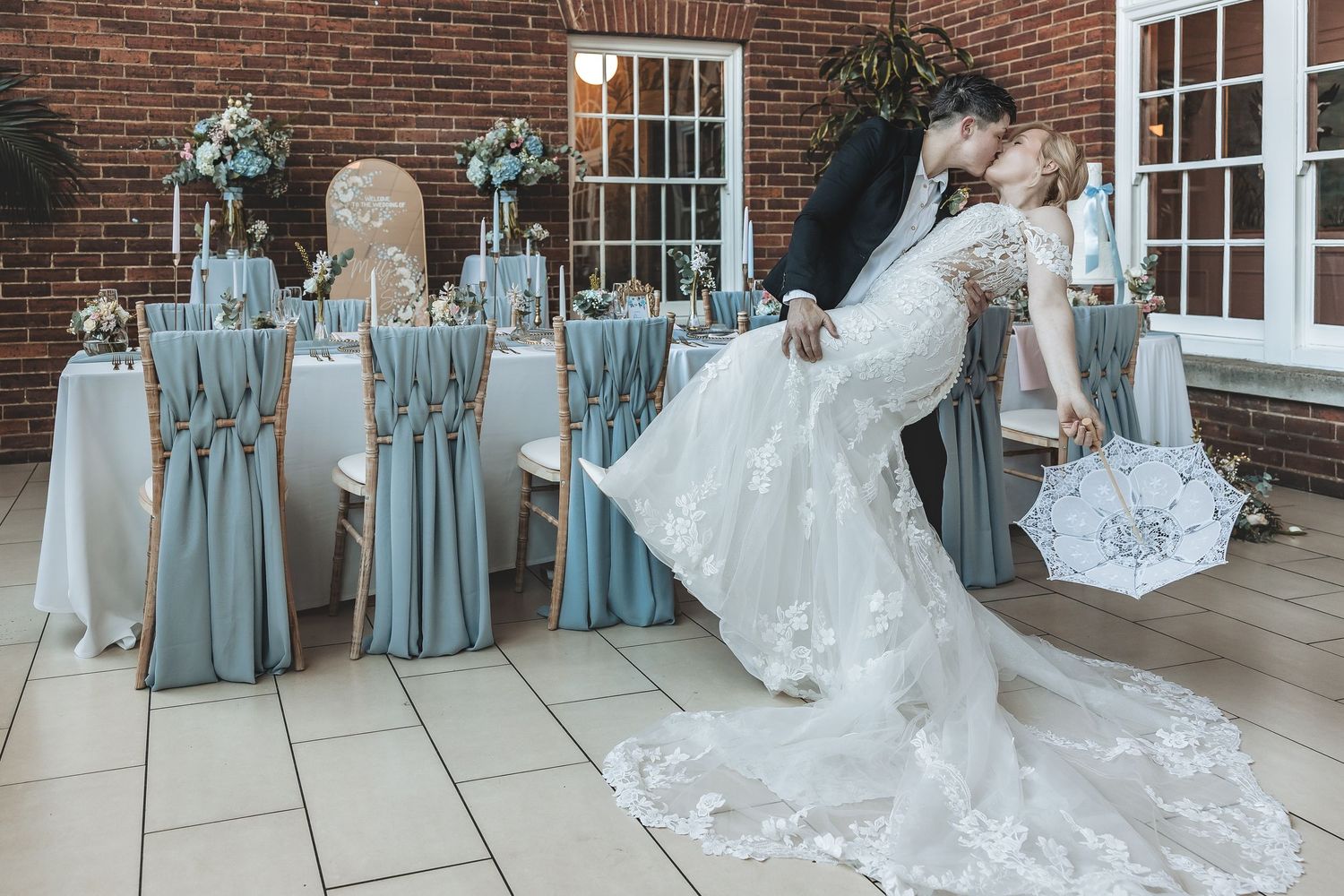 A relaxed wedding couple portrait with a guided prompt at Charlotte House.