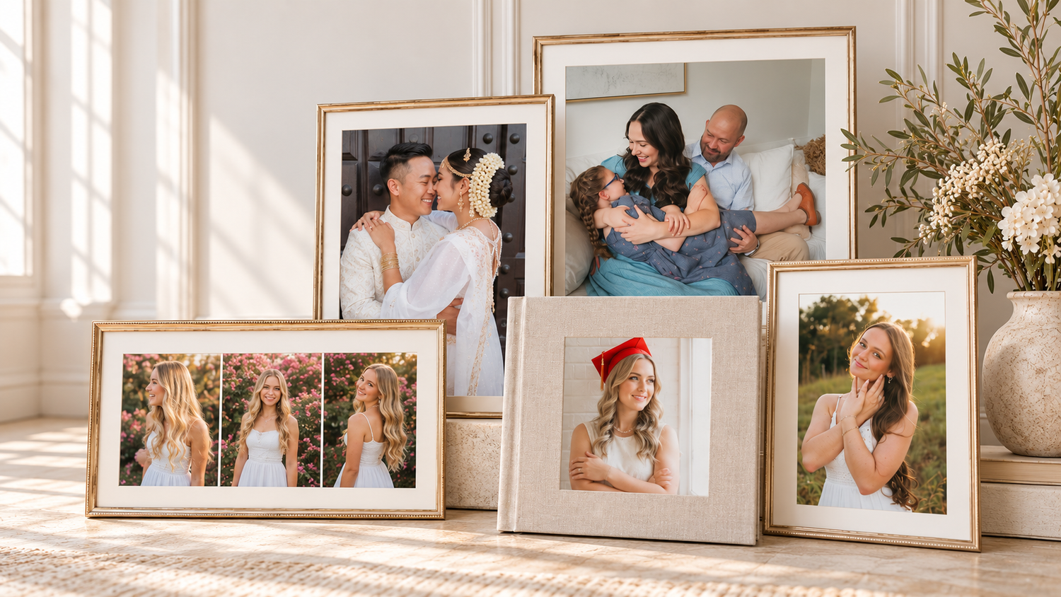 Collection of gold-framed family portrait photos displayed on a light wood floor against a bright white wall.