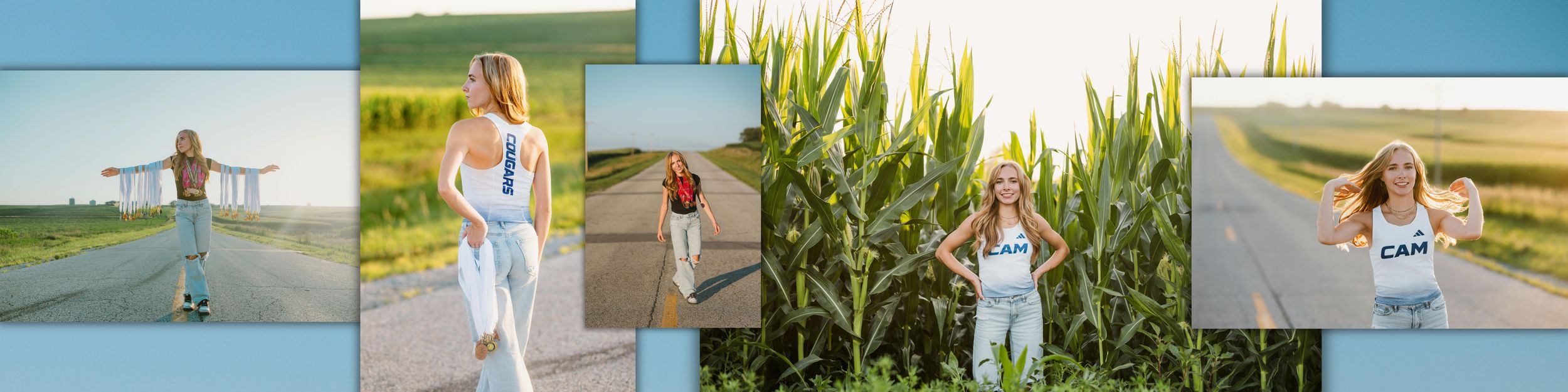 A collage of a young blonde woman posing outdoors in various athletic outfits near a road and cornfield on a sunny day. JADE MADE