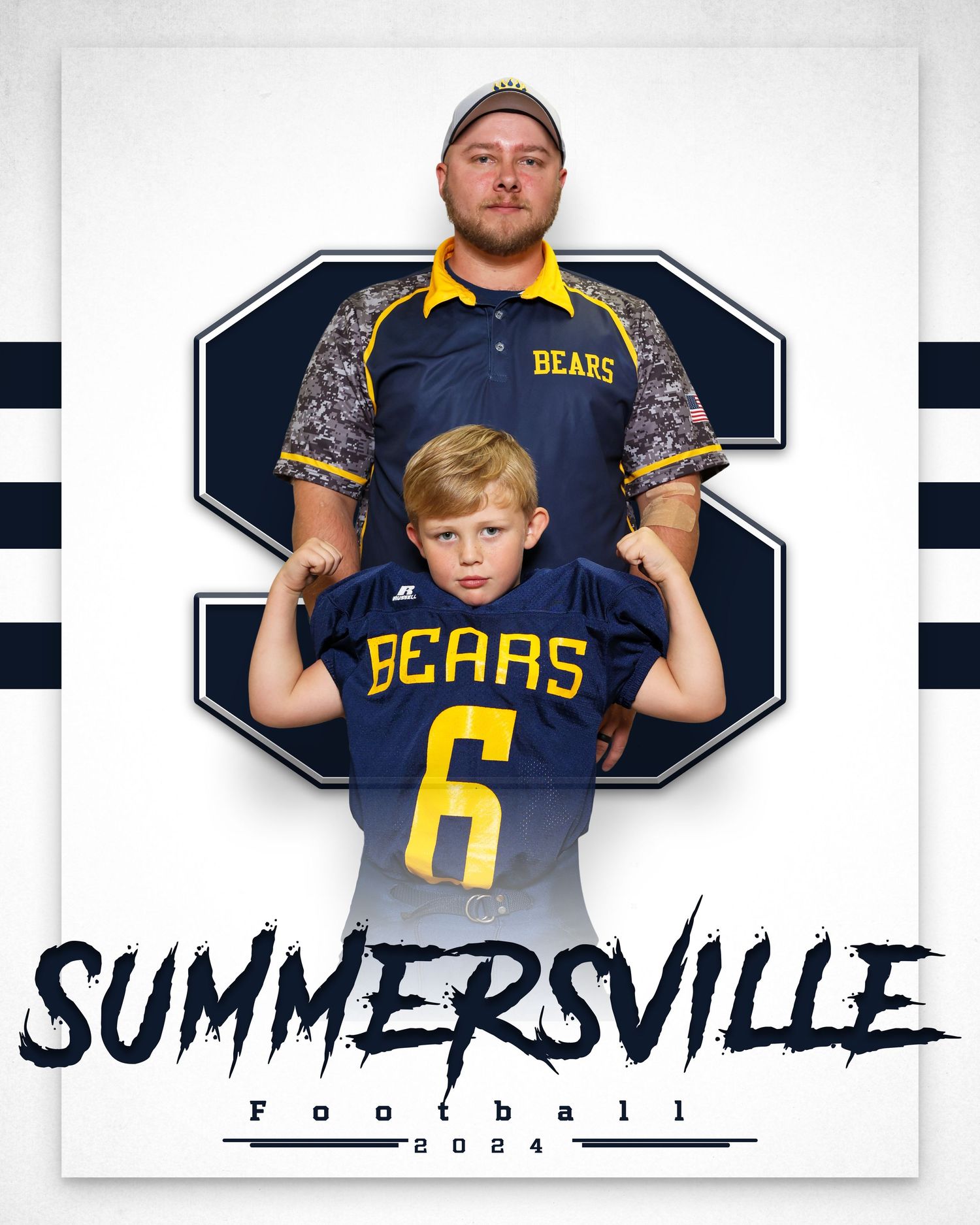 Summersville Bears football 2024 promotional photo featuring a coach and young player in navy and gold jerseys.