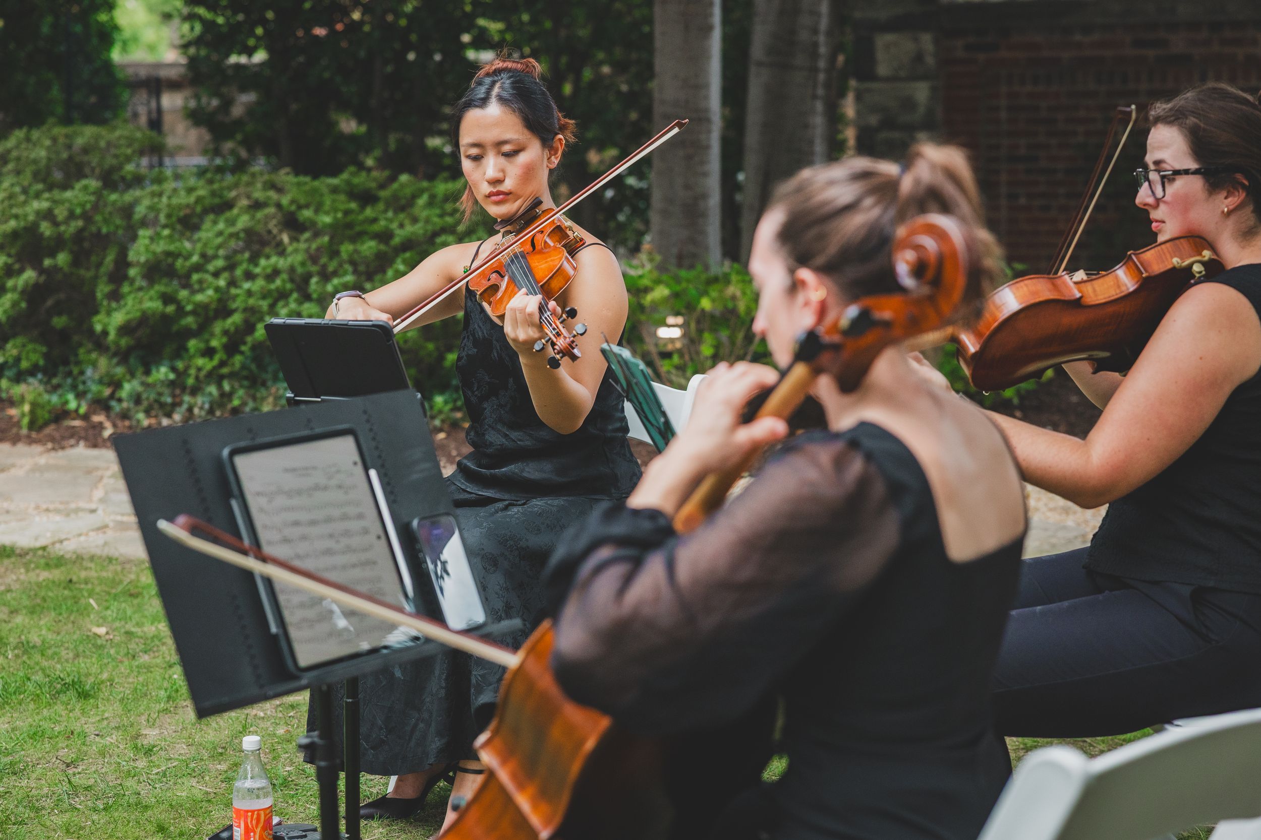 Three women playing violins outdoors at a garden event, reading sheet music on stands during a outdoor wedding ceremony at Meridian house
