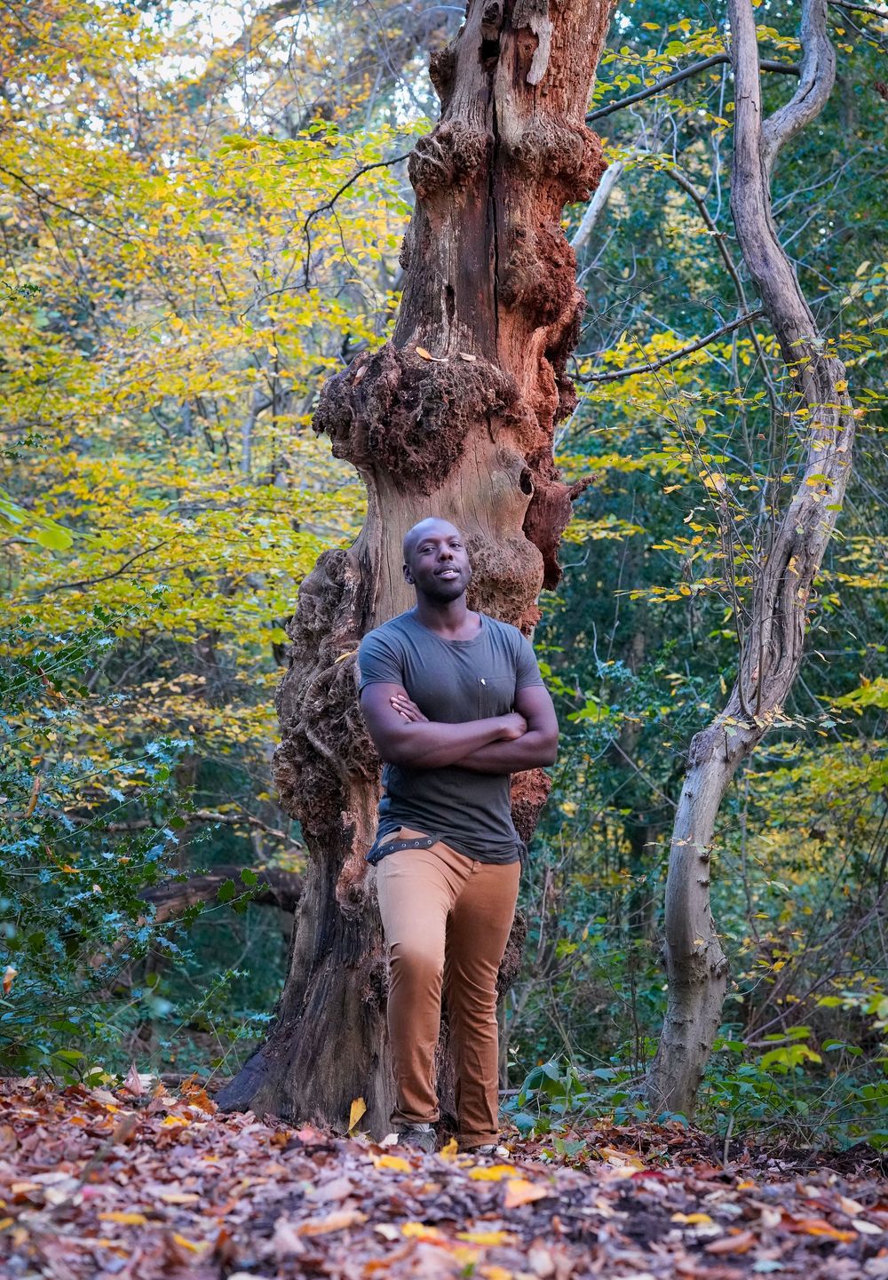 Man with crossed arms standing before a gnarled tree in an autumn forest with colorful foliage.