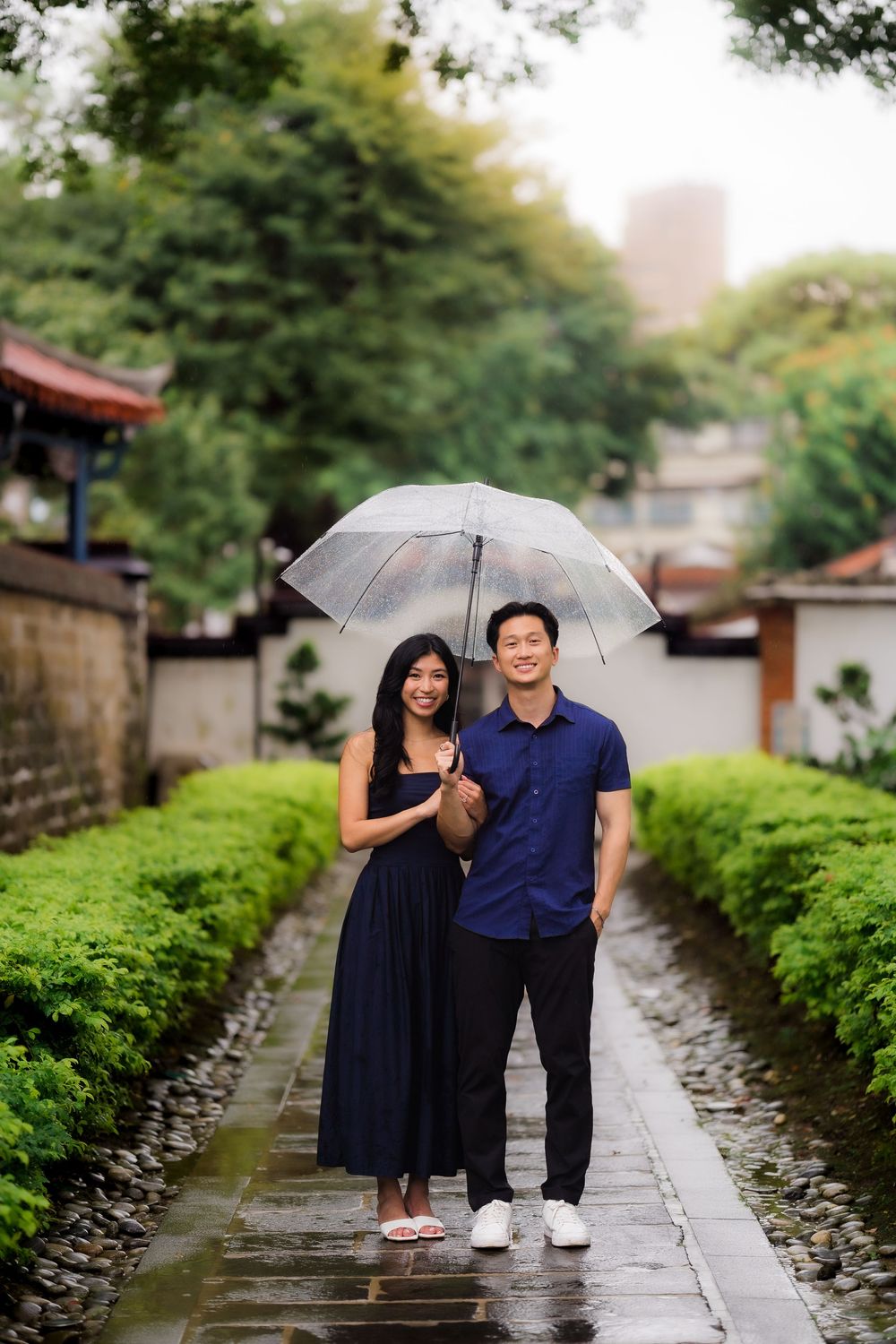 Asian couple sharing a clear umbrella on a rainy stone pathway surrounded by lush green hedges and trees.