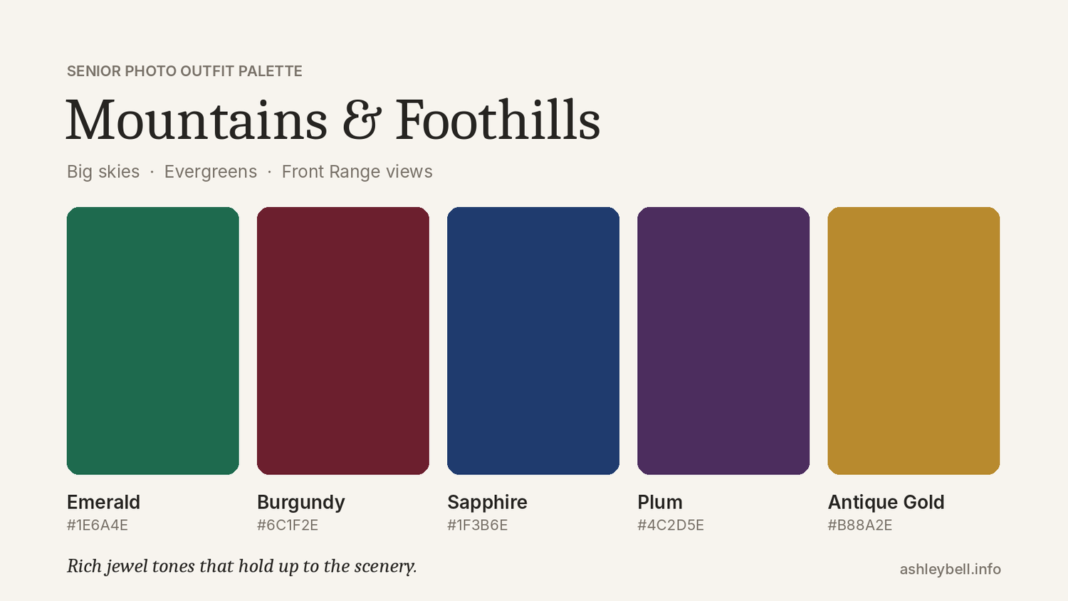 Mountain senior photo outfit palette: emerald, burgundy, sapphire, plum and antique gold.