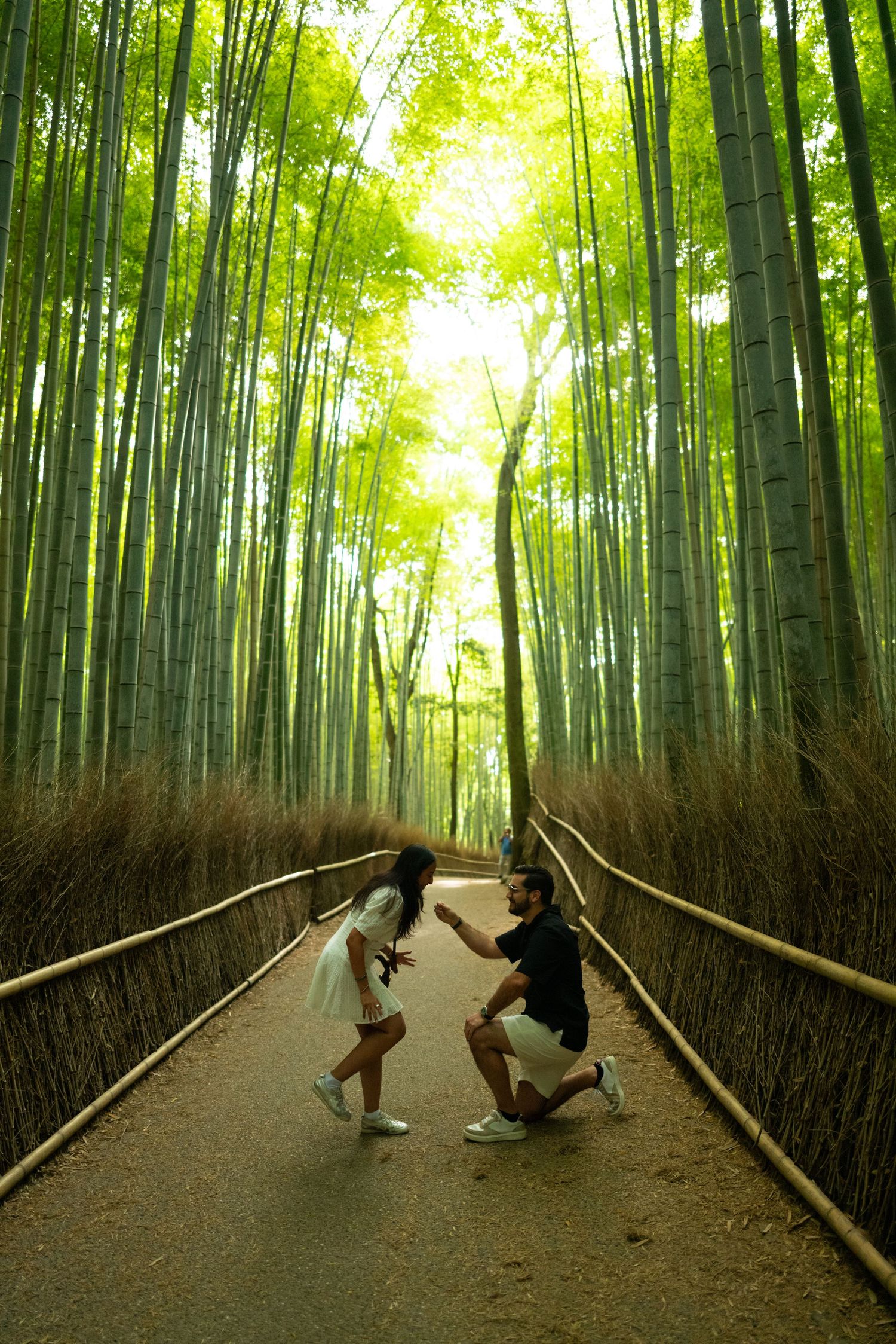 Man kneeling on one knee proposing to a smiling woman in a white dress on a path through a sunlit bamboo forest.