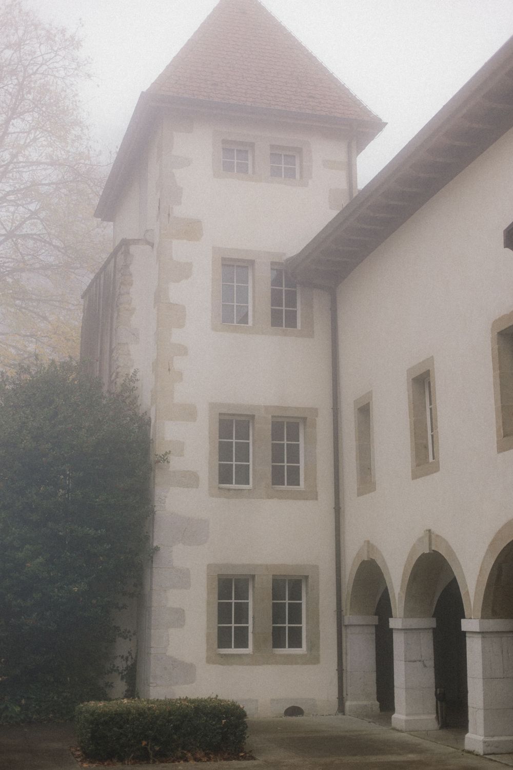 Misty autumn view of a white stone manor with a pointed tower, arched cloister and ivy-covered walls.