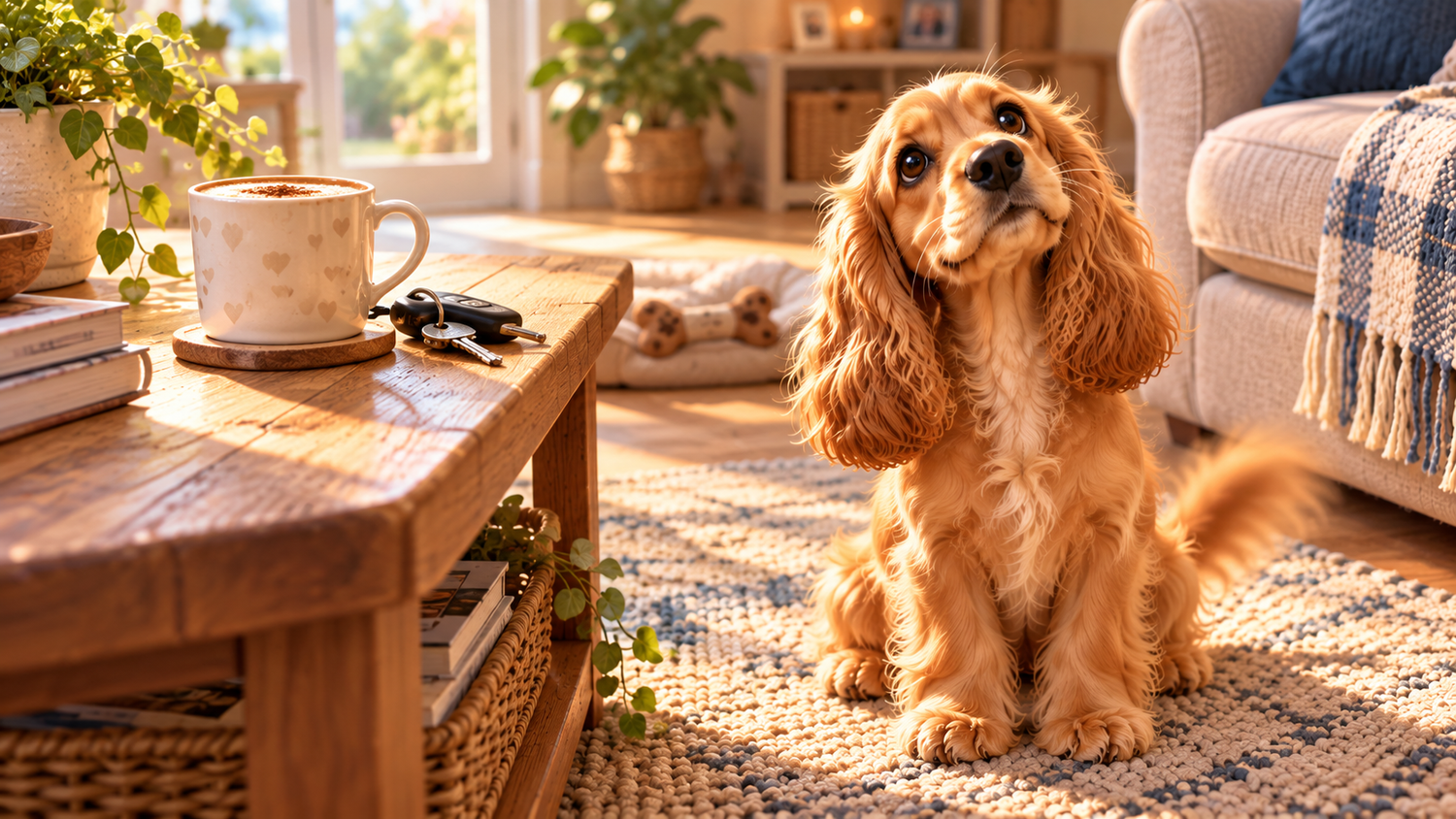 Whiskers & Co song Everything But Me – sweet spaniel sitting patiently beside a coffee table in a sunny living room