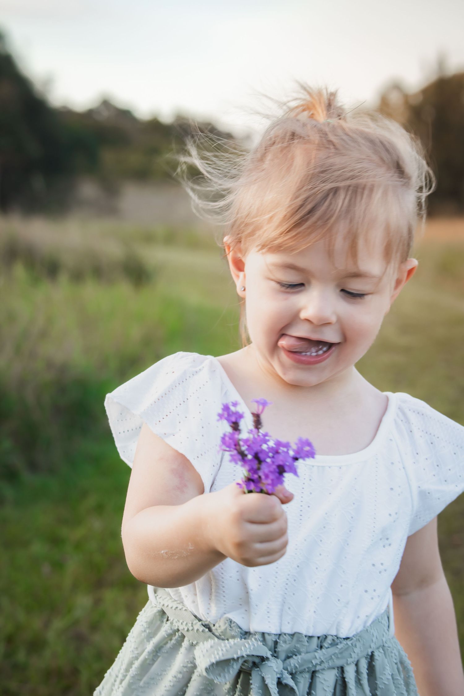 A happy toddler girl in a white dress holds purple wildflowers in a sunny green field at Rouse Hill Regional Park.