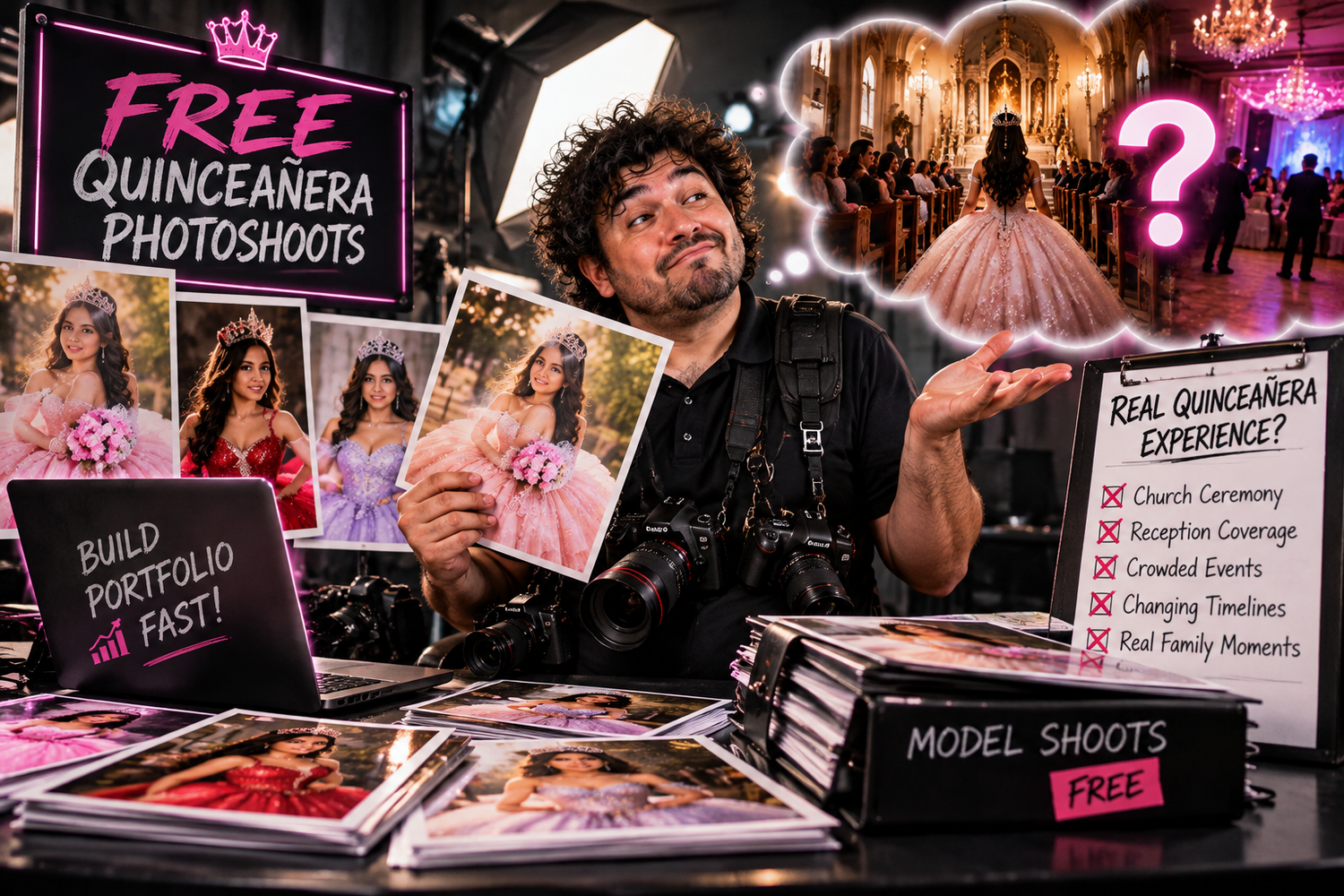 Quinceanera photography warning signs in DFW highlighting staged model portfolios versus actual church ceremonies and reception coverage.