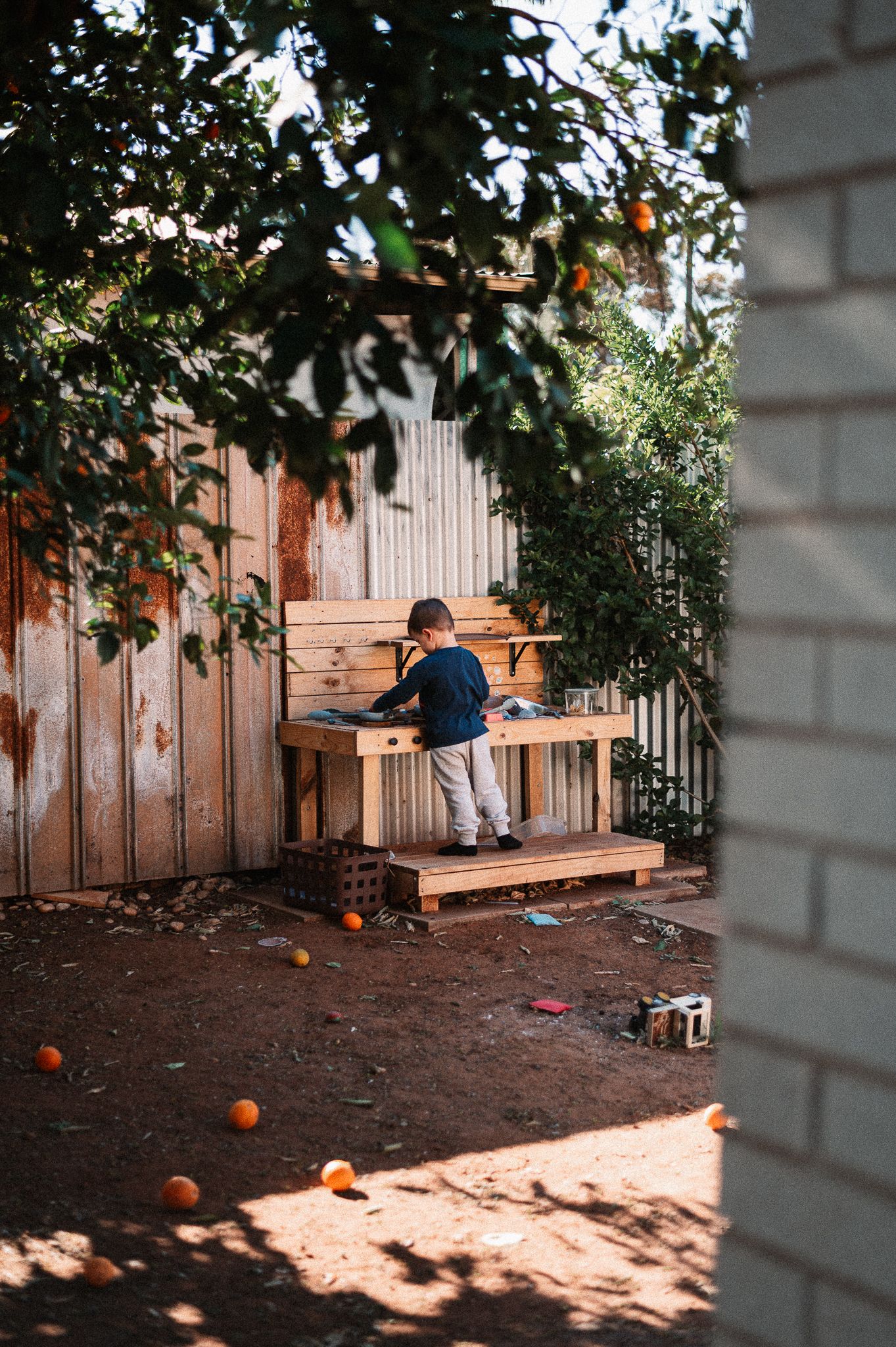 Young child in a navy shirt plays at a wooden outdoor workbench in a sunny backyard with fallen oranges scattered on the dirt ground.
