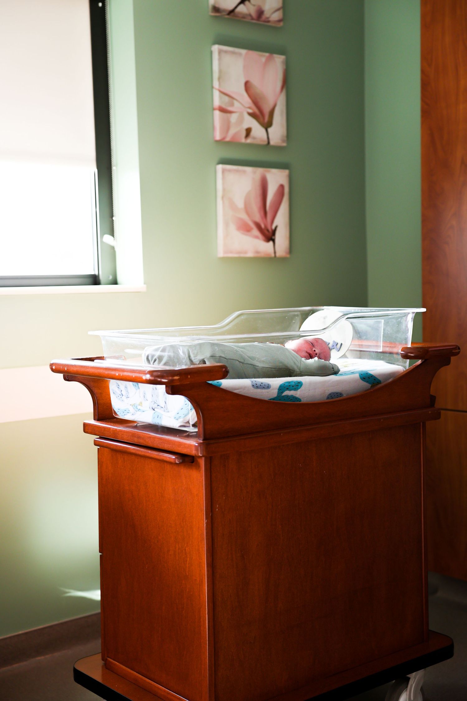 A newborn baby rests in a clear hospital bassinet on a wooden stand in a softly lit room.